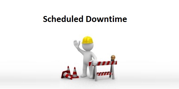A graphic showing a figure wearing a construction hat with the words "Scheduled Downtime" seen above his head.