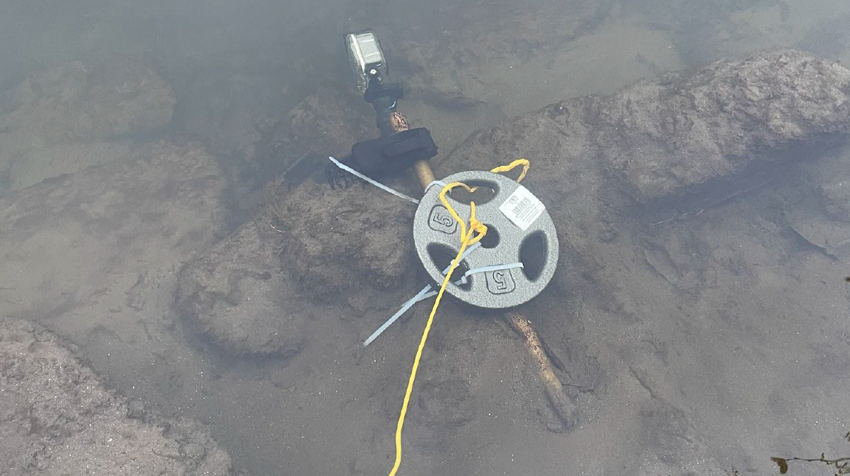 GoPro camera underwater mounted on a stick with a weight