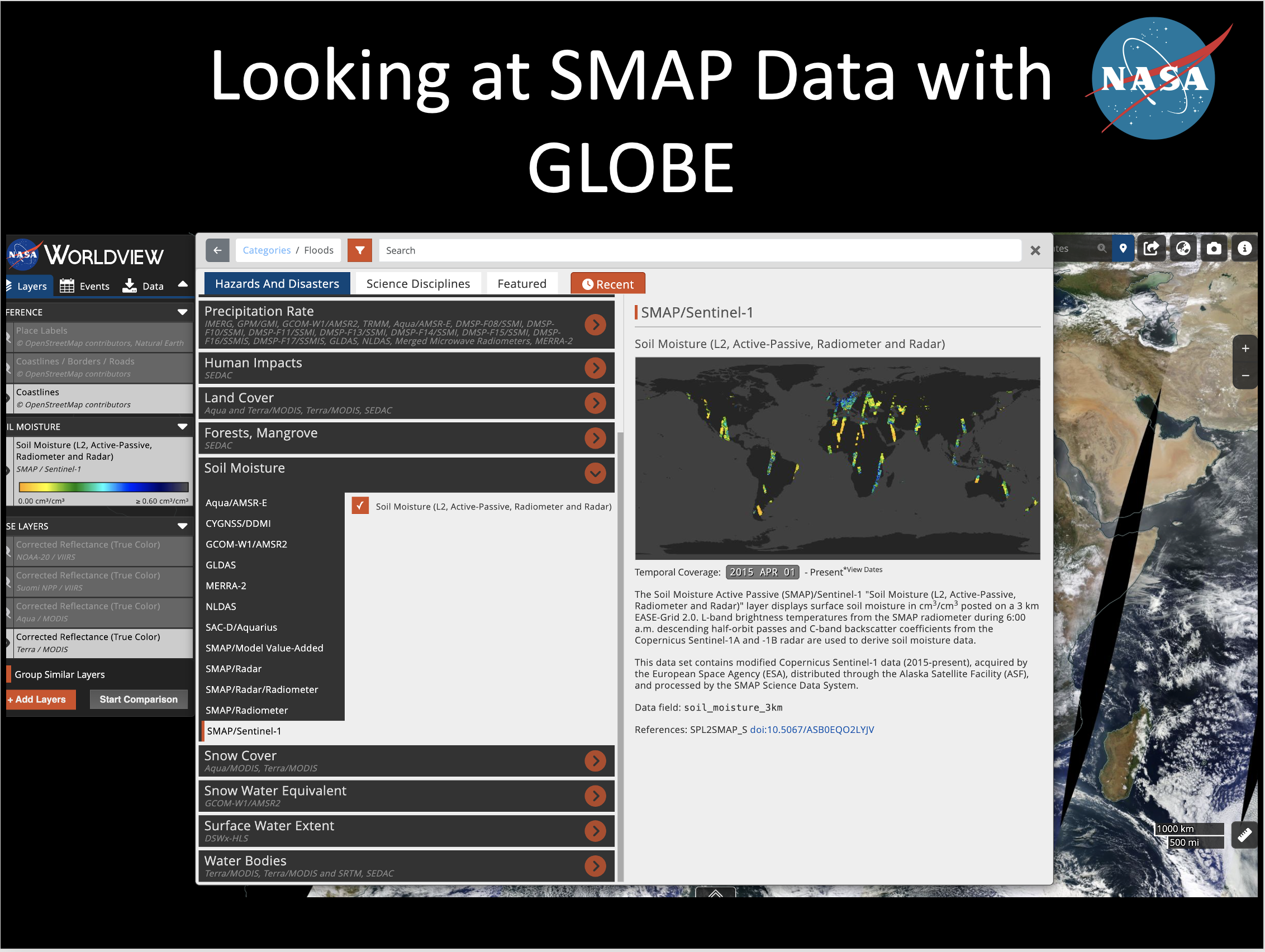Screen shot of a data map. Text reads: Looking at SMAP Data with GLOBE.