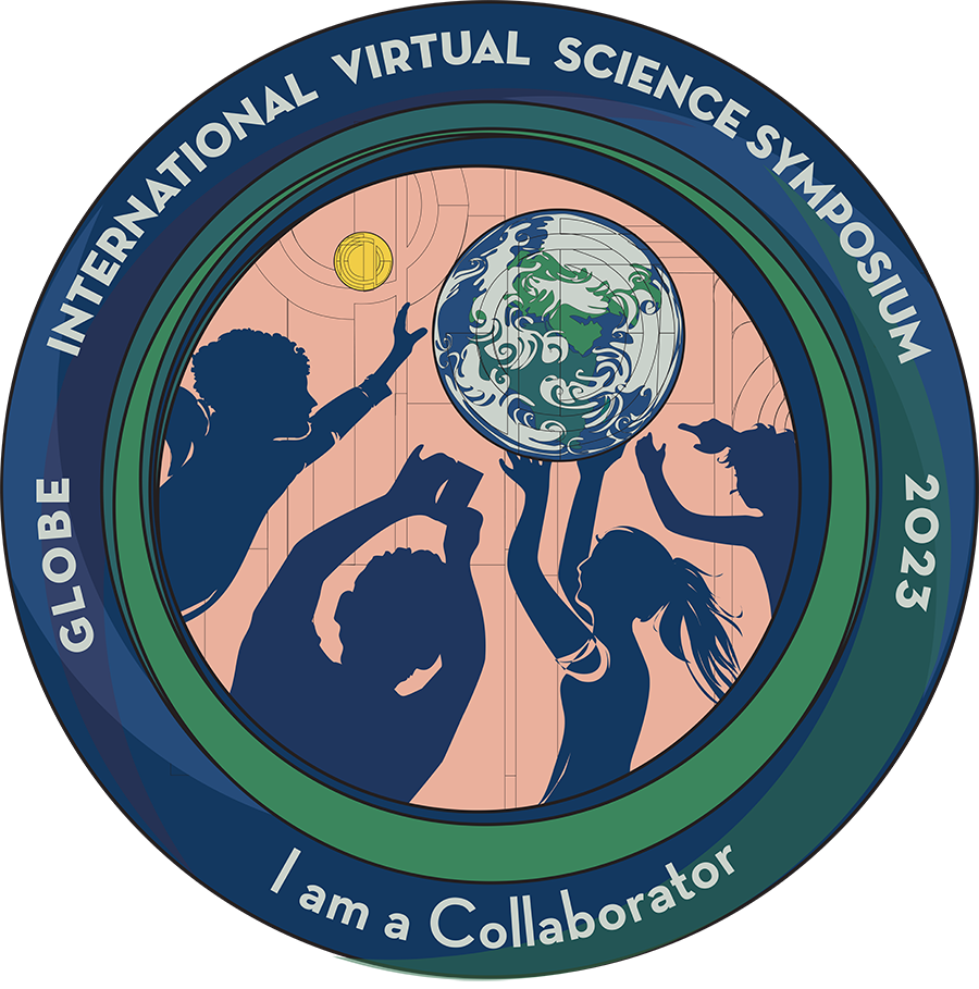 GLOBE "Collaborator" badge for the 2023 International Virtual Science Symposium, showing children reaching toward a globe.