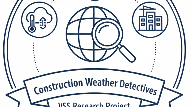 A professional circular logo for the 'Construction Weather Detectives' (Statybos orų detektyvai) research project. The image features a globe with a magnifying glass surrounded by icons of precipitation, temperature, and mobile technology, symbolizing the link between microclimate data and construction planning.