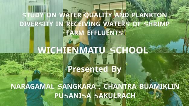 A photo collage using multiple images arranged together, showcasing both fieldwork and laboratory analysis. The primary color scheme should be dominant green tones, symbolizing water bodies, nature, the environment, and ecosystems. Key elements include field data collection and lab analysis, representing a scientific approach to water quality study, featuring actual data gathering and precise measurement. Microscopy imagery conveys the study of plankton biodiversity at the microscopic level. Images of green water bodies and field sampling showcase the research site—a water source receiving effluent from shrimp farms—reflecting the real-world conditions of the study.