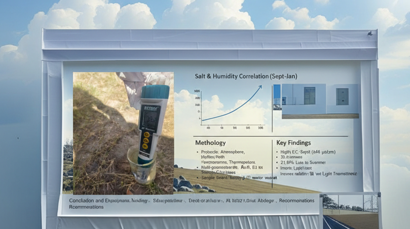 The image showcases the GLOBE team from Al-Naqaa School conducting field research at Al-Afifa beach in Sohar. It features students actively using scientific sensors and micron-scale spray collectors to monitor salt deposition and environmental variables. A central display board clearly summarizes the study’s findings, including the 540 µS/cm conductivity peak and the 21.6% reduction in light transmittance caused by the saline crust