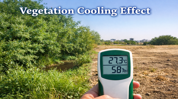 Visual representation of vegetation density and its effect on local temperature, showing areas with dense greenery versus barren land along with a thermometer for measurement.