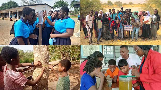 Four pictures of students in Africa collecting data outside and watching an experiment inside.