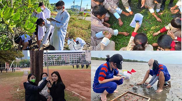 Four pictures of students from Asia and Pacific doing GLOBE protocols.