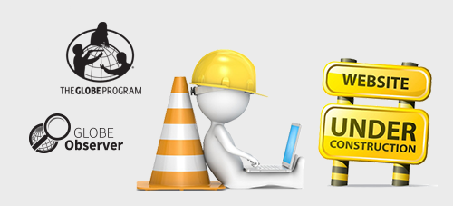 construction symbols such as an orange cone and hard hat with a non-descript figure on a laptop computer.