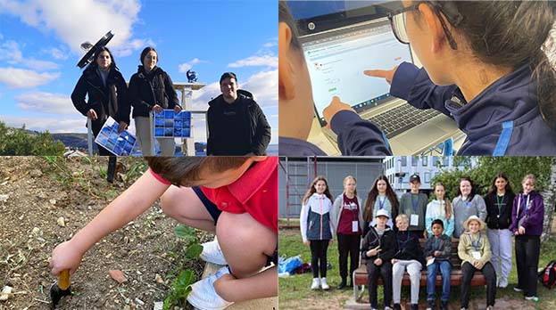 Four pictures of students from Europe and Eurasia doing GLOBE protocols, reviewing computer data and posing for a picture in a group..