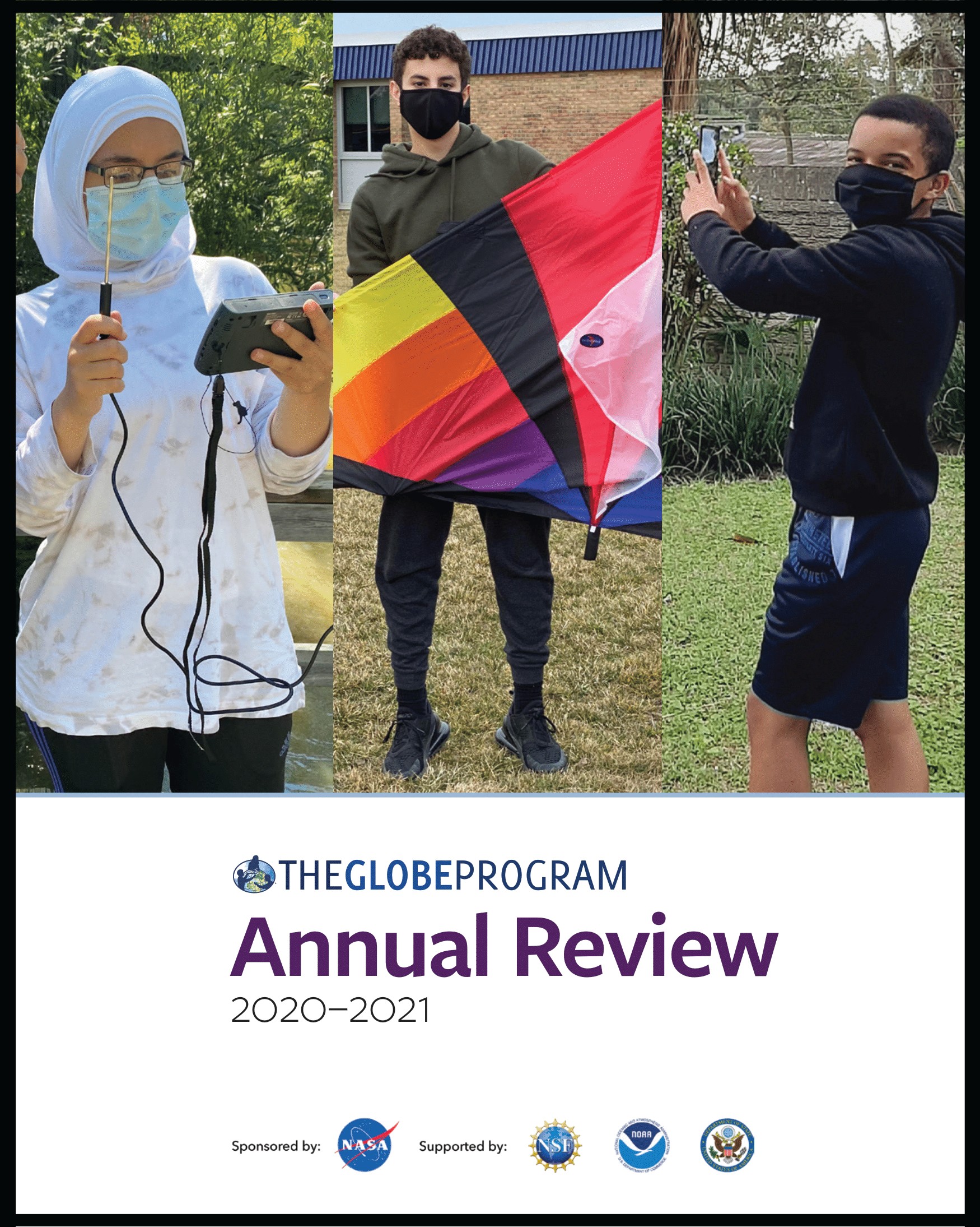 Three pictures of students, one holding a kite and the other two looking at scientific instruments.