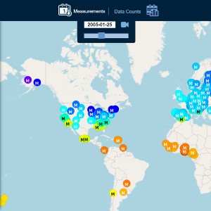 A map showing Africa, Europe, North and South America. Many data points in various locations and in different colors. A data filter filed at the top.  
