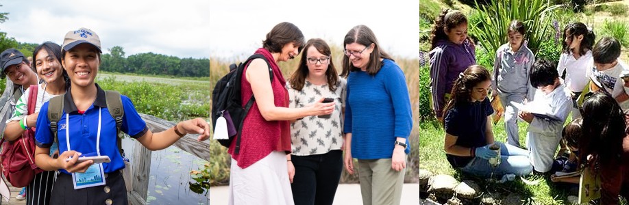 There are three images next to each other. First image shows three people outside on a bridge. The center image shows three people staring at a phone screen as one person explains what is there. Image on the right shows several students outside working in the grass.