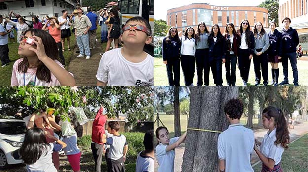 Four pictures of students from Latin America and Caribbean, looking up during an eclipse and collecting tree data.