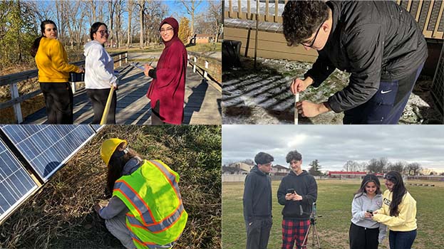 Four images of students from North America working on GLOBE protocols outside.