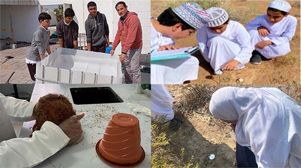 Four pictures of students from Near East and North Africa working on GLOBE protocols outside.