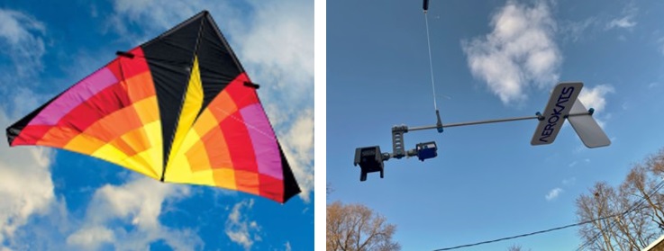 An image of a AEROKAT kite flying, next to an image of an Aeropod in the air.