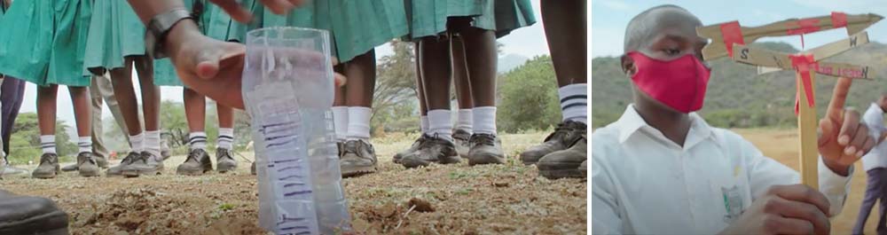 Image on left shows several girls standing outside around a plastic container that one person is reaching for. RIght image shows a man holding a wooden compass device.