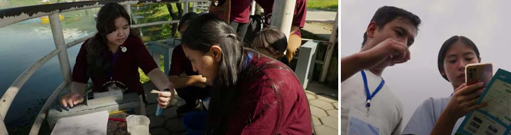 Image of students on a boat doing an experiment. Separate image of a student and teacher looking at a phone and chart.