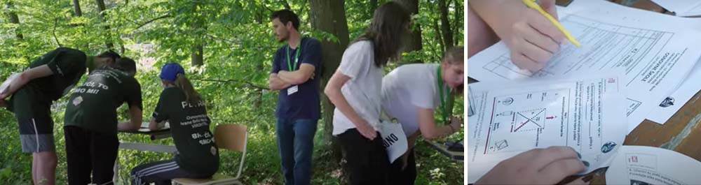 Several students examine plants in a forest while a teacher watches. In a separate image, several data papers on a table, with hands nearby. 
