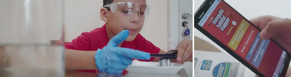 A boy in lab goggles and latex gloves works at a microscope. Separate image of a phone using the Mosquito Habitat Mapper app.