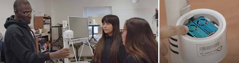 Two students watch a teacher explain a scientific instrument in class. A separate image shows a close-up of the inside of that instrument.