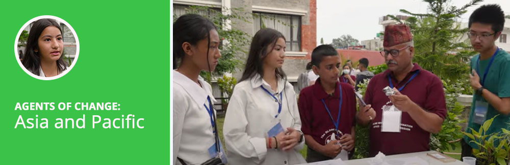 Four students watch a teacher explain a scientific instrument outside. Text reads: Agents of Change: Asia and Pacific.