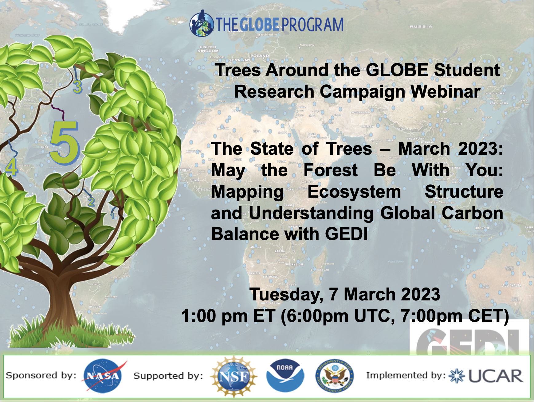 Trees Around the GLOBE 07 March webinar shareable showing the title and date of the event