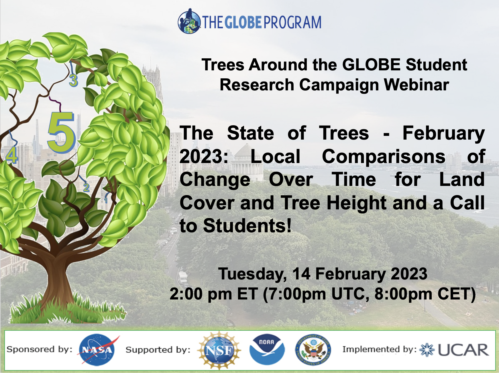 Trees Around the GLOBE 14 February webinar shareable, showing the time and date of the event