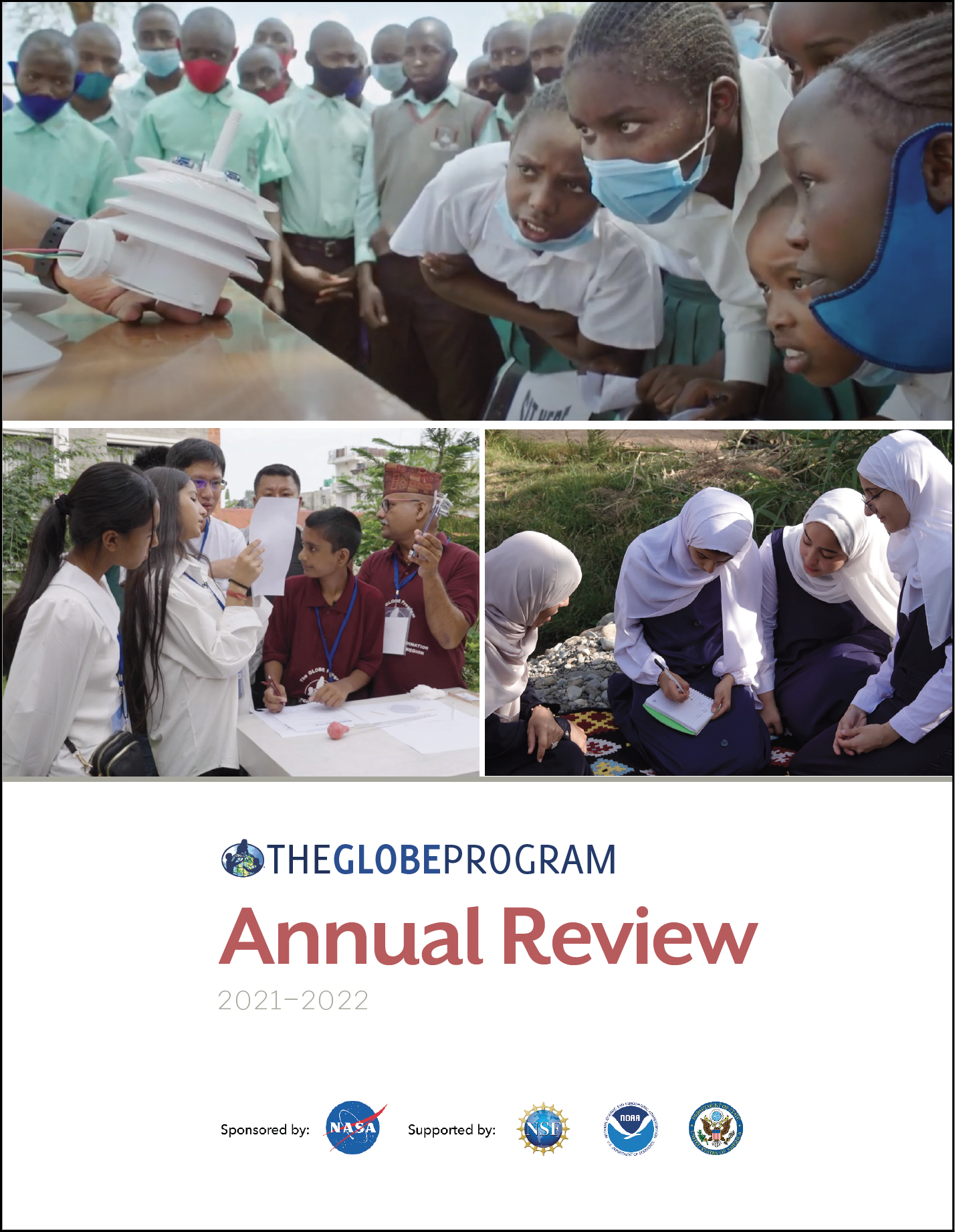 GLOBE Annual Review 2021-2022. Three images of children in different countries doing GLOBE data collection and activities