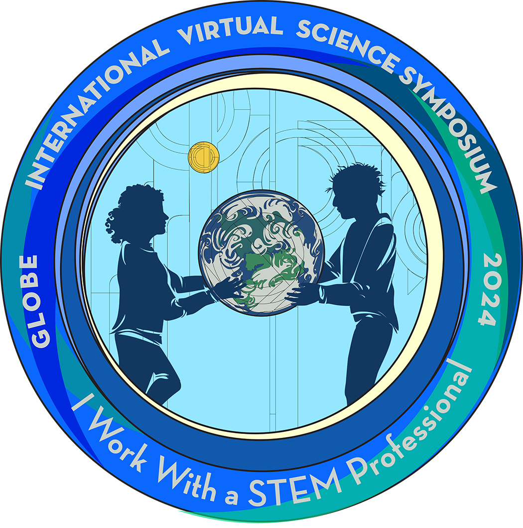 I work with a STEM Professional badge, with image showing an adult and student holding a globe together.