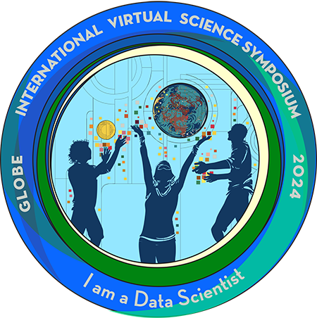 I am a data scientist badge, with image of students holding up data points.