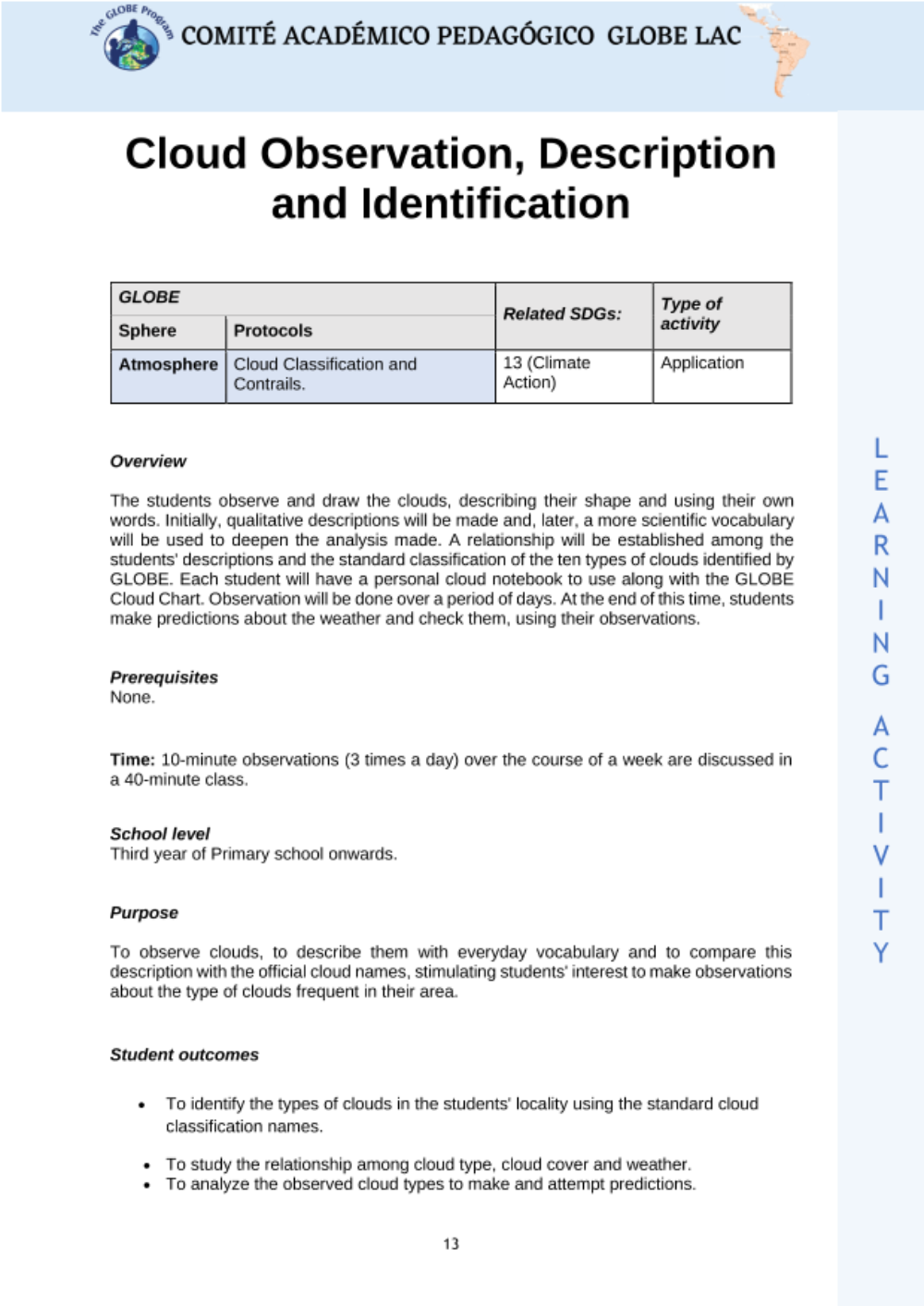 Learning Activities preview for Cloud Observation, Description and Identification