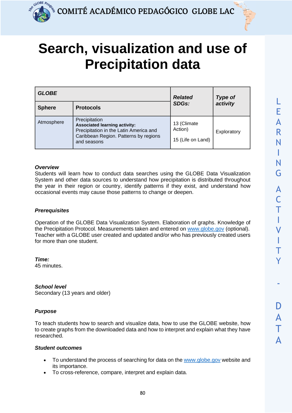 Learning Activities preview for Search, visualization and use of Precipitation data