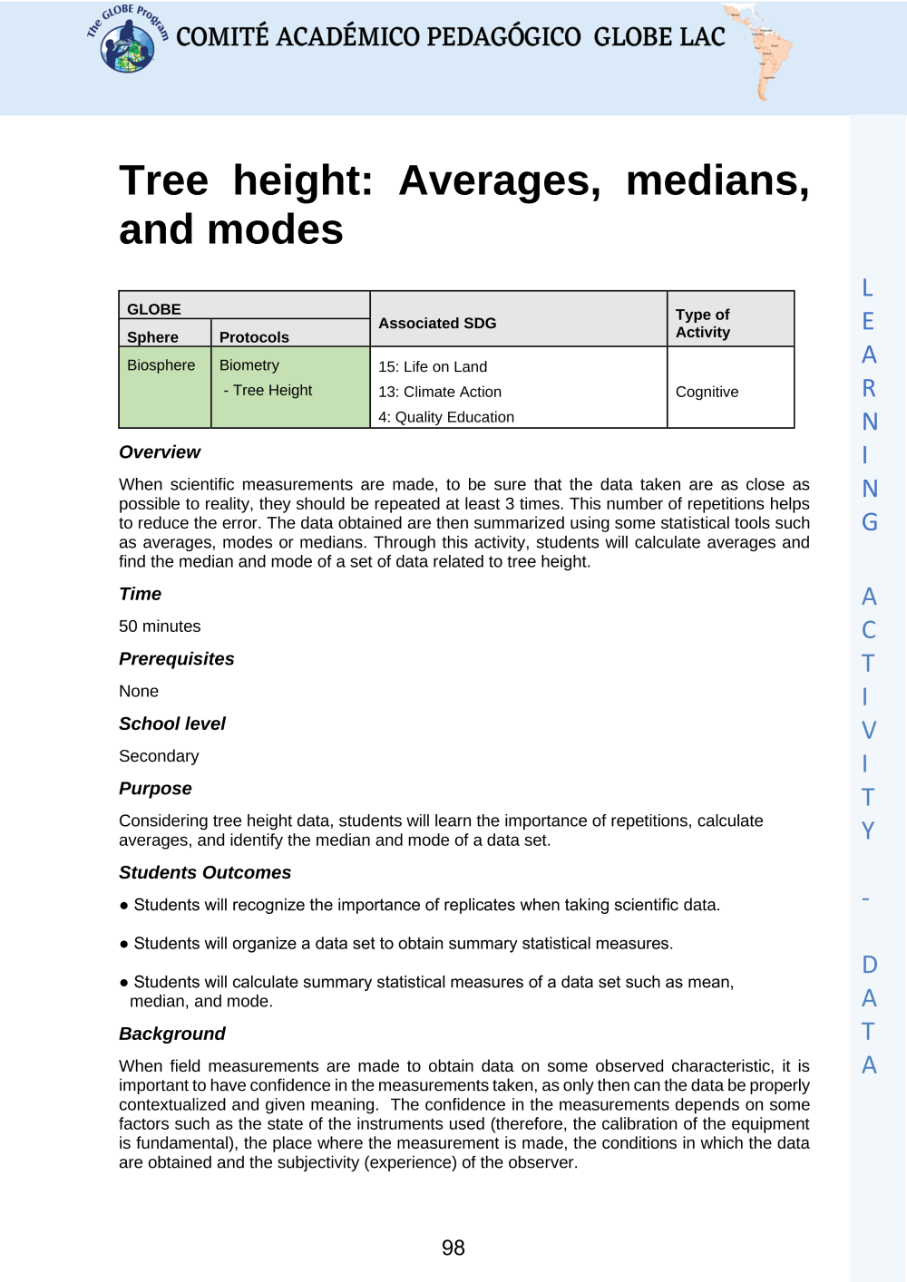 Learning Activities preview for Tree height averages, medians and modes