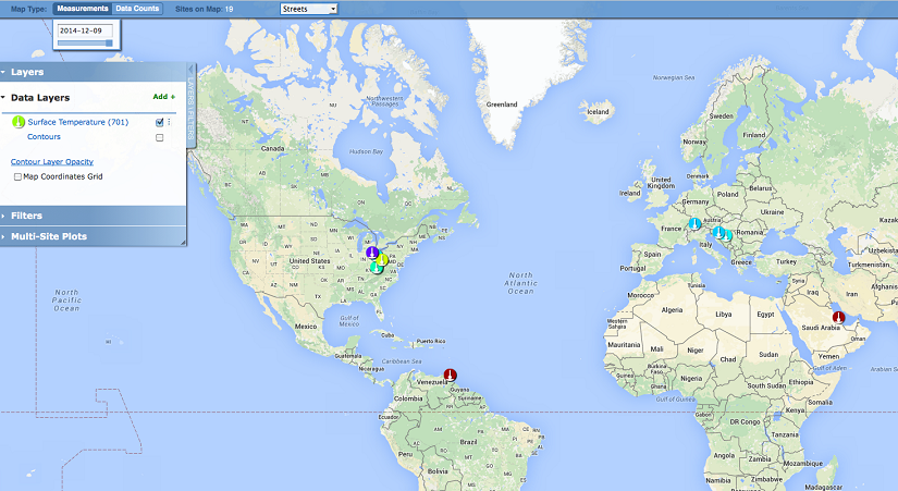 A map of the world showing pins which denote the area's temperature by color.