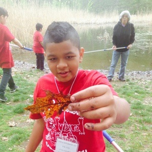 A young boy holds a leaf out in front of him.  In the background we see a teacher a two young students.