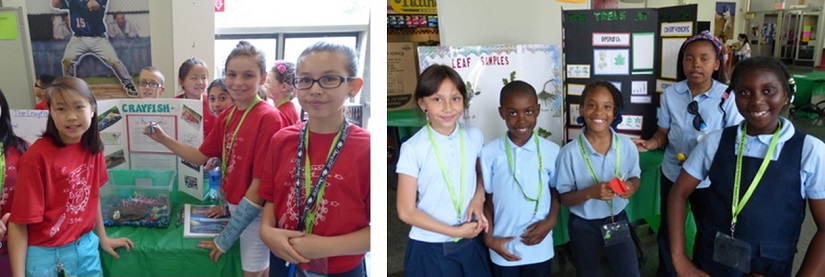 Two side-by-side images showing showing two sets of students standing near their science project presentations.