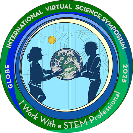 I work with a STEM Professional badge, with image showing an adult and student holding a globe together.