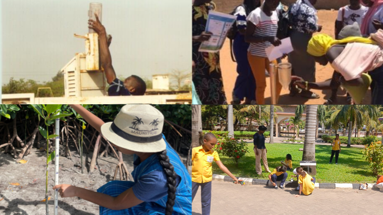 Four pictures of students in Africa collecting data outside and watching an experiment inside.