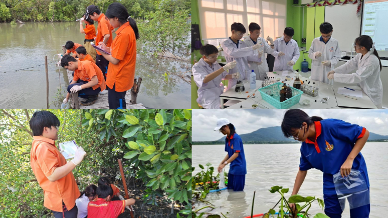 Four pictures of students from Asia and Pacific doing GLOBE protocols.