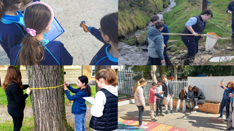 Four pictures of students from Europe and Eurasia doing GLOBE protocols, reviewing computer data and posing for a picture in a group..