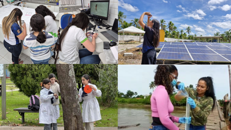 Four pictures of students from Latin America and Caribbean, looking up during an eclipse and collecting tree data.