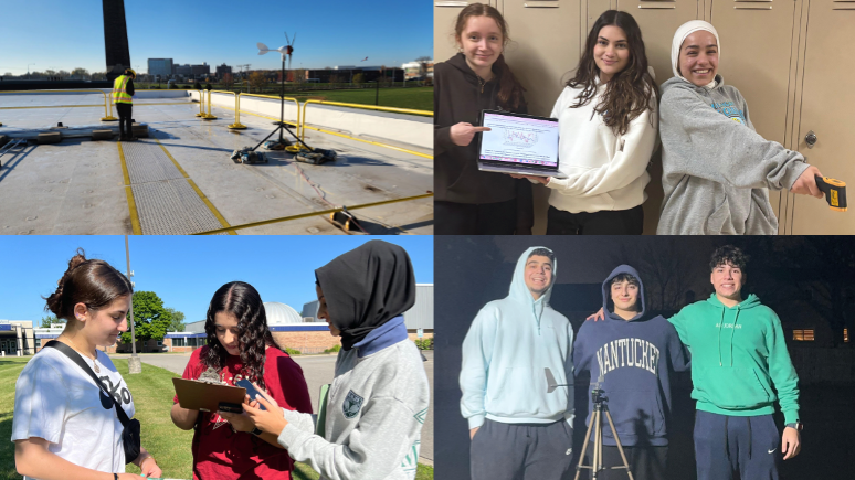 Four images of students from North America working on GLOBE protocols outside.