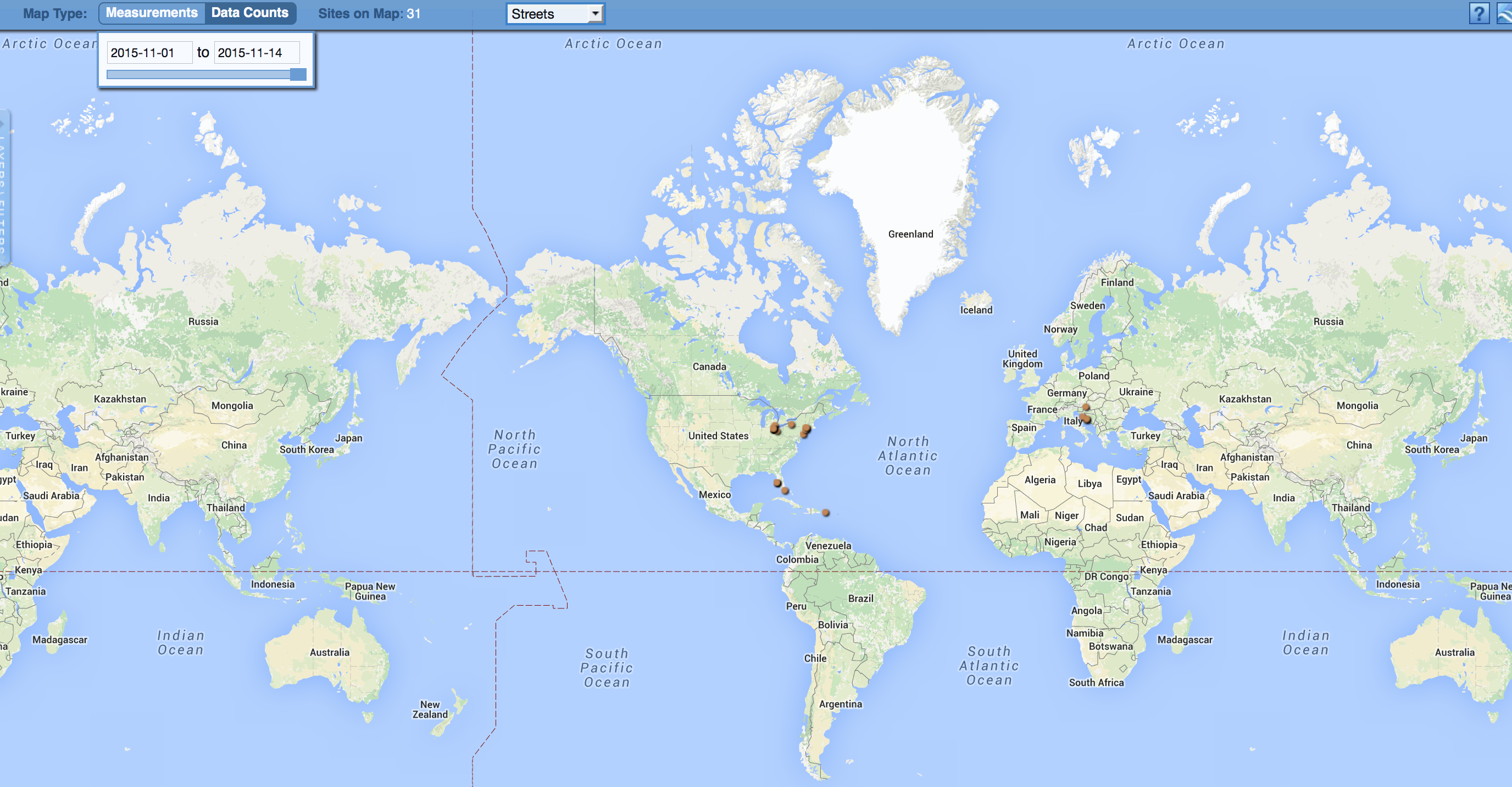 SMAP Data Count Map 1 Nov - 15 Nov