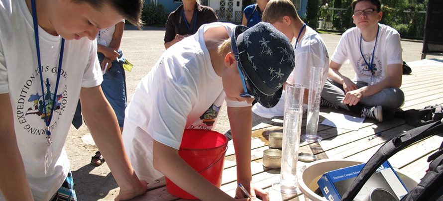 Students collecting data using the SMAP Block Pattern Soil Moisture Protocol