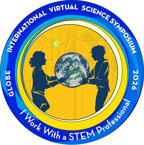 I work with a STEM Professional badge, with image showing an adult and student holding a globe together.