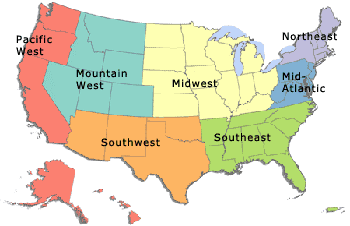 Map of the U.S. with regions emphasized