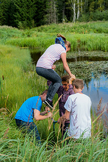 Four students work together in the field.