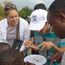 Several people gather together and look down at a water sample.