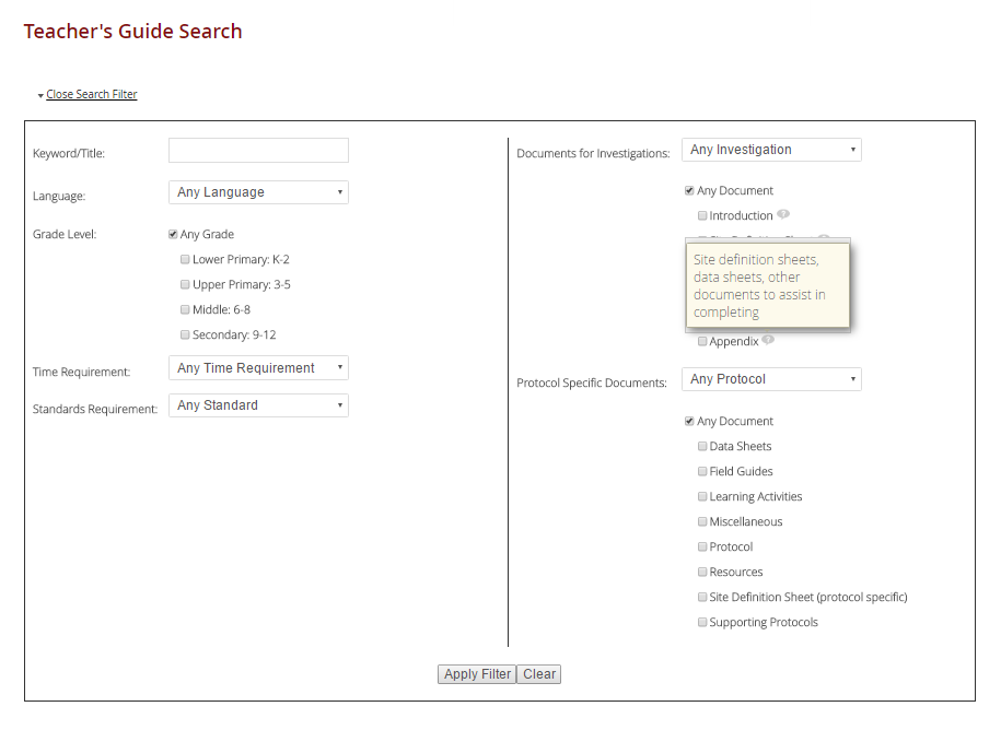 Graphic of GLOBE's Teacher's Advanced Search Tool