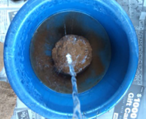 An image of soil in a blue bucket.